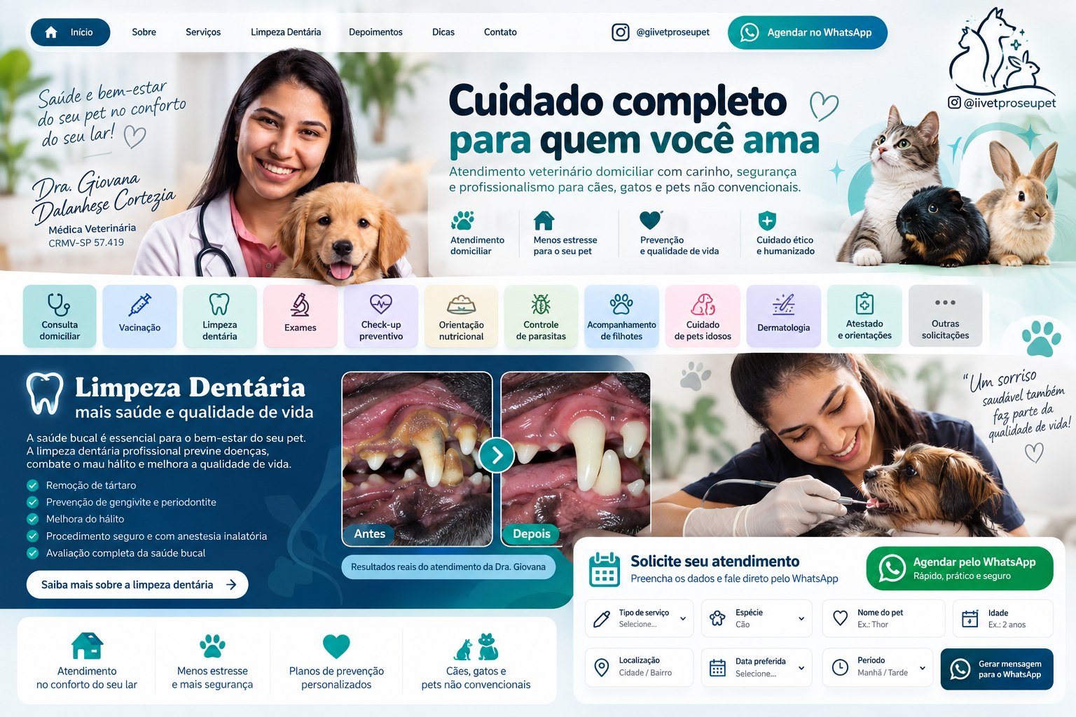 Card ilustrativo com apresentação dos serviços veterinários e destaque para cuidados de saúde bucal